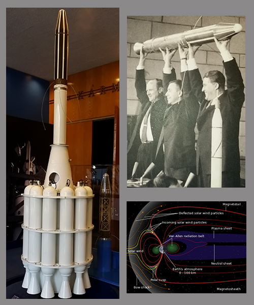 Left: Scale model of Explorer 1 satellite, including second stage rocket cluster. Right: William Hayward Pickering, James Van Allen, and Wernher von Braun display a full-scale model of Explorer 1 at a crowded news conference in Washington, DC after confirmation the satellite was in orbit (1958). Lower right: NASA depiction of the radiation belts surrounding the Earth.