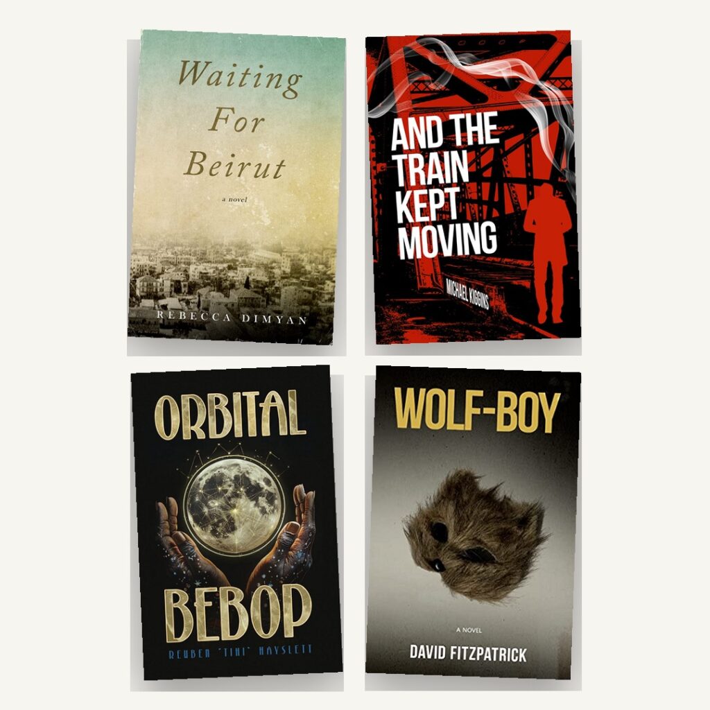 Four books edited by Cody Sisco: Waiting For Beirut by Rebecca Dimyan, And the Train Kept Moving by Michael Kiggins, Orbital Bebop by Reuben Tihi Hayslett, and Wolf-Boy by David Fitzpatrick.